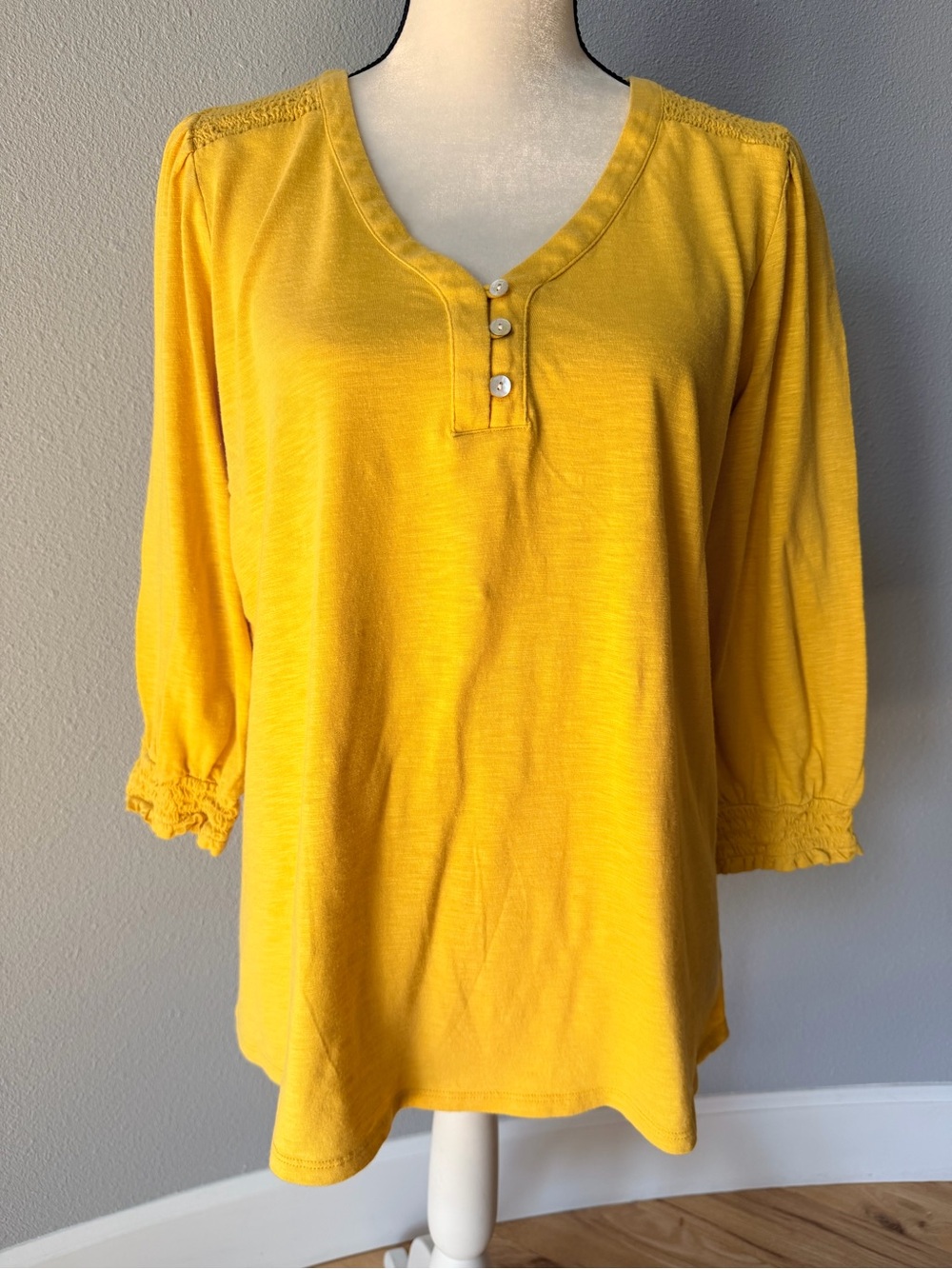 J. Jill Yellow Smocked 3/4 Sleeve Henley Top M Cotton Modal Knit